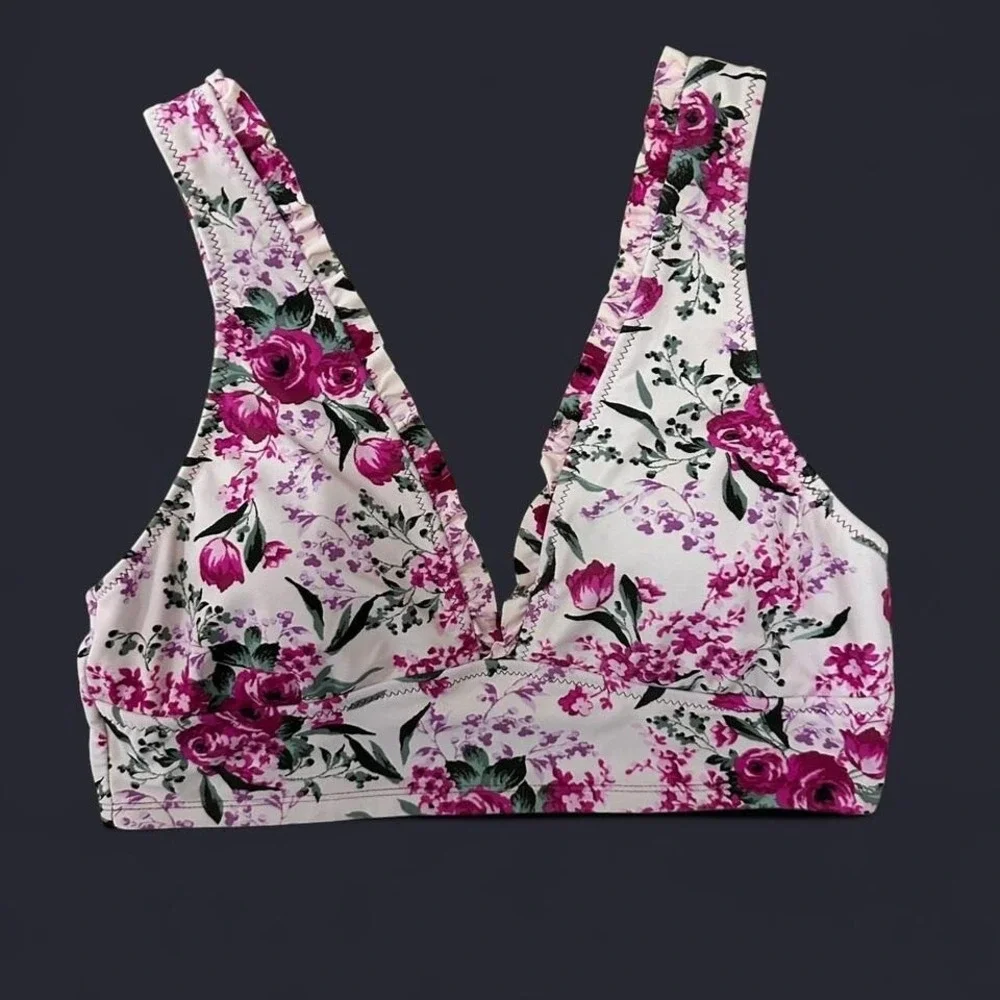 Pink Floral V Neck Bikini‎ Swim Top